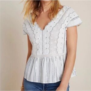 Anthropologie White and Gray Embroidered Blouse